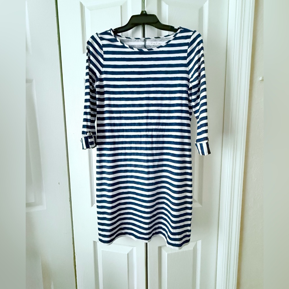 Lilly Pulitzer Navy and White Striped Long Sleeve Dress, Size Small